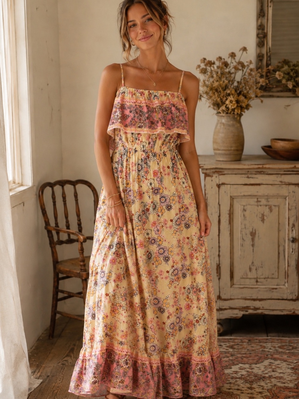 Cupshe Cream Floral Dress with Pink Trim